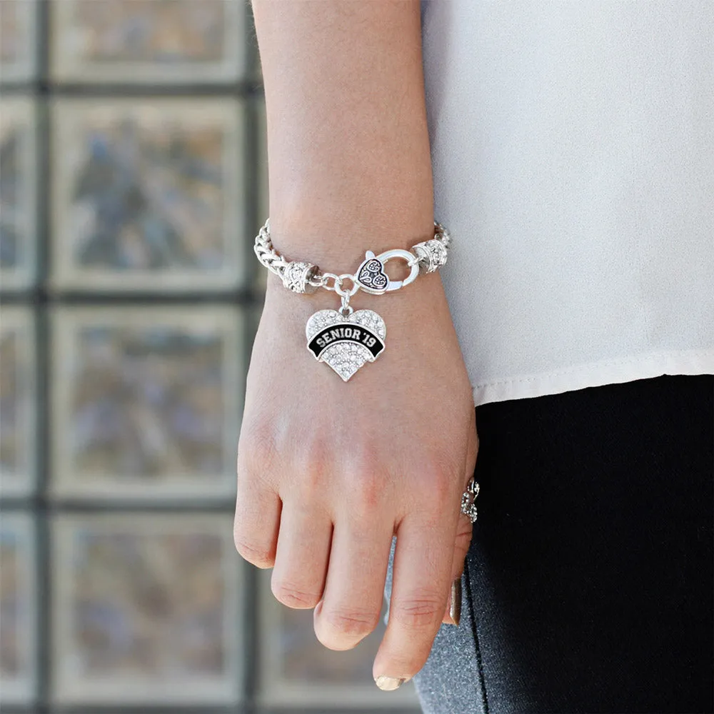 Silver Black and White Senior 2019 Pave Heart Charm Braided Bracelet