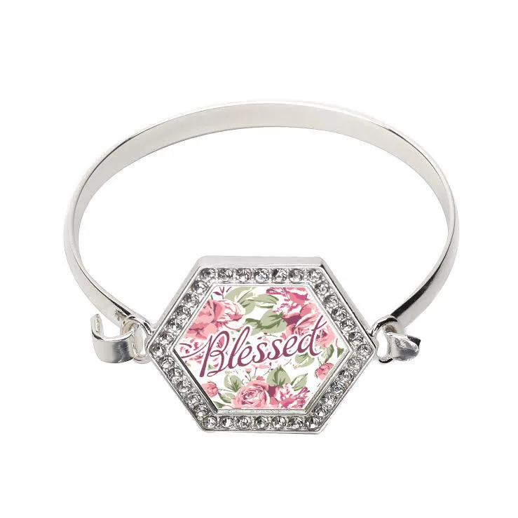 Silver Blessed Floral Hexagon Charm Bangle Bracelet