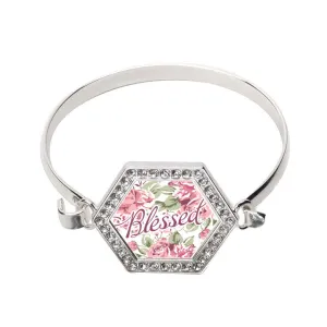 Silver Blessed Floral Hexagon Charm Bangle Bracelet