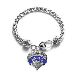 Silver Blue Banner Hanukkah Pave Heart Charm Braided Bracelet