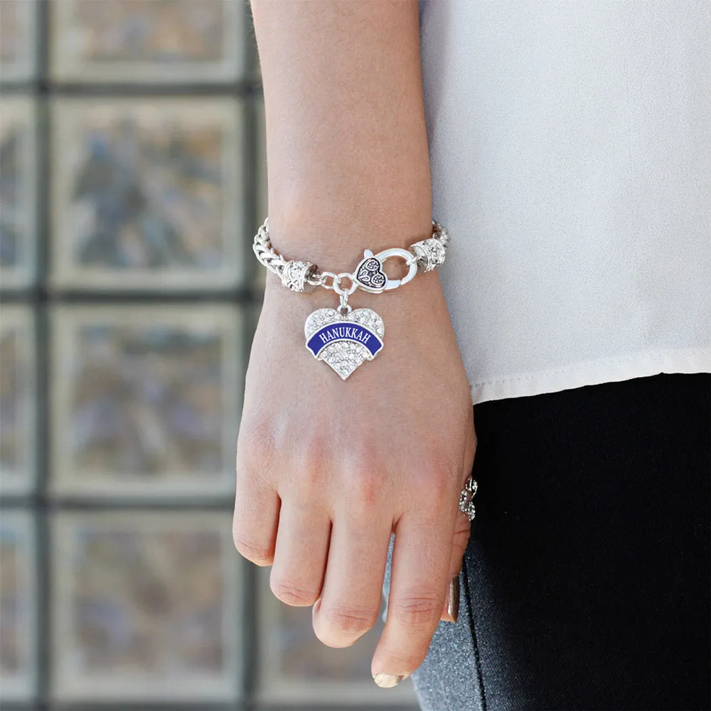 Silver Blue Banner Hanukkah Pave Heart Charm Braided Bracelet