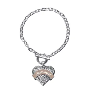 Silver Brown and White Bridesmaid Pave Heart Charm Toggle Bracelet