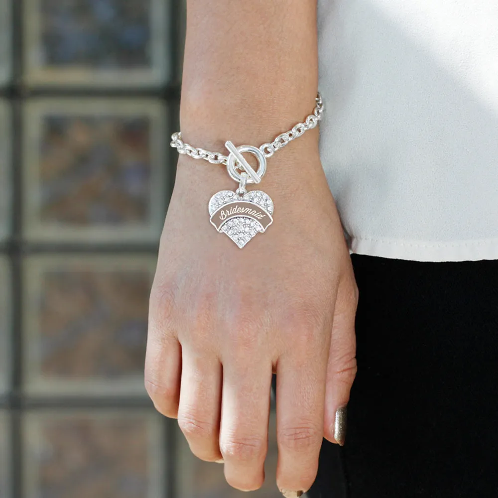 Silver Brown and White Bridesmaid Pave Heart Charm Toggle Bracelet