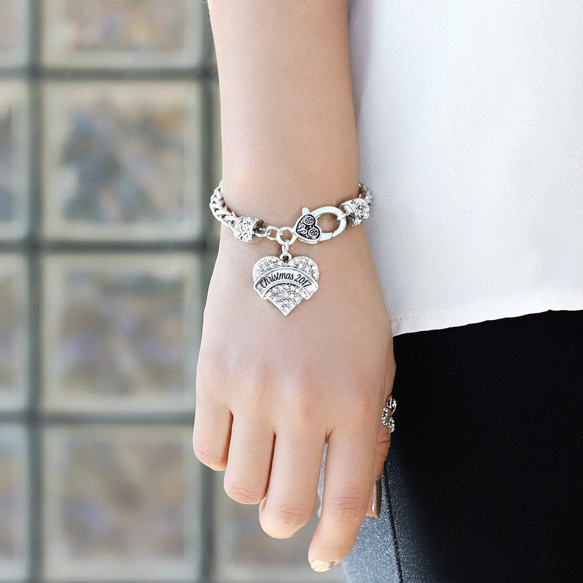 Silver Christmas 2017 Pave Heart Charm Braided Bracelet