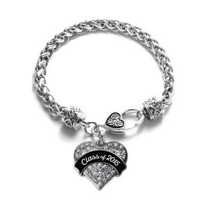 Silver Class of 2015 - Black and White Pave Heart Charm Braided Bracelet