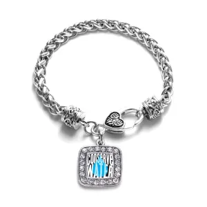 Silver Conserve Water Square Charm Braided Bracelet