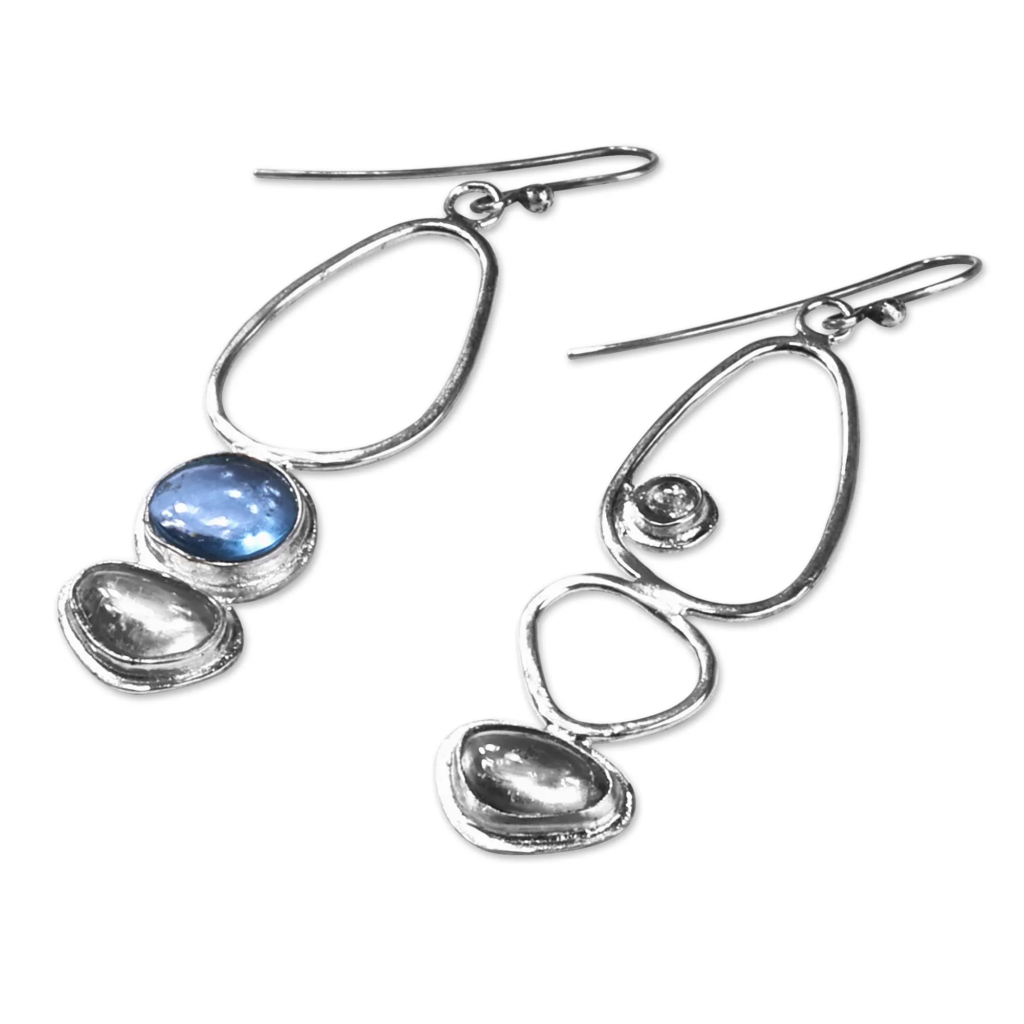 Silver Dangle Earrings with Synthetic Blue & Grey Sapphire - Abstract Duo | NOVICA