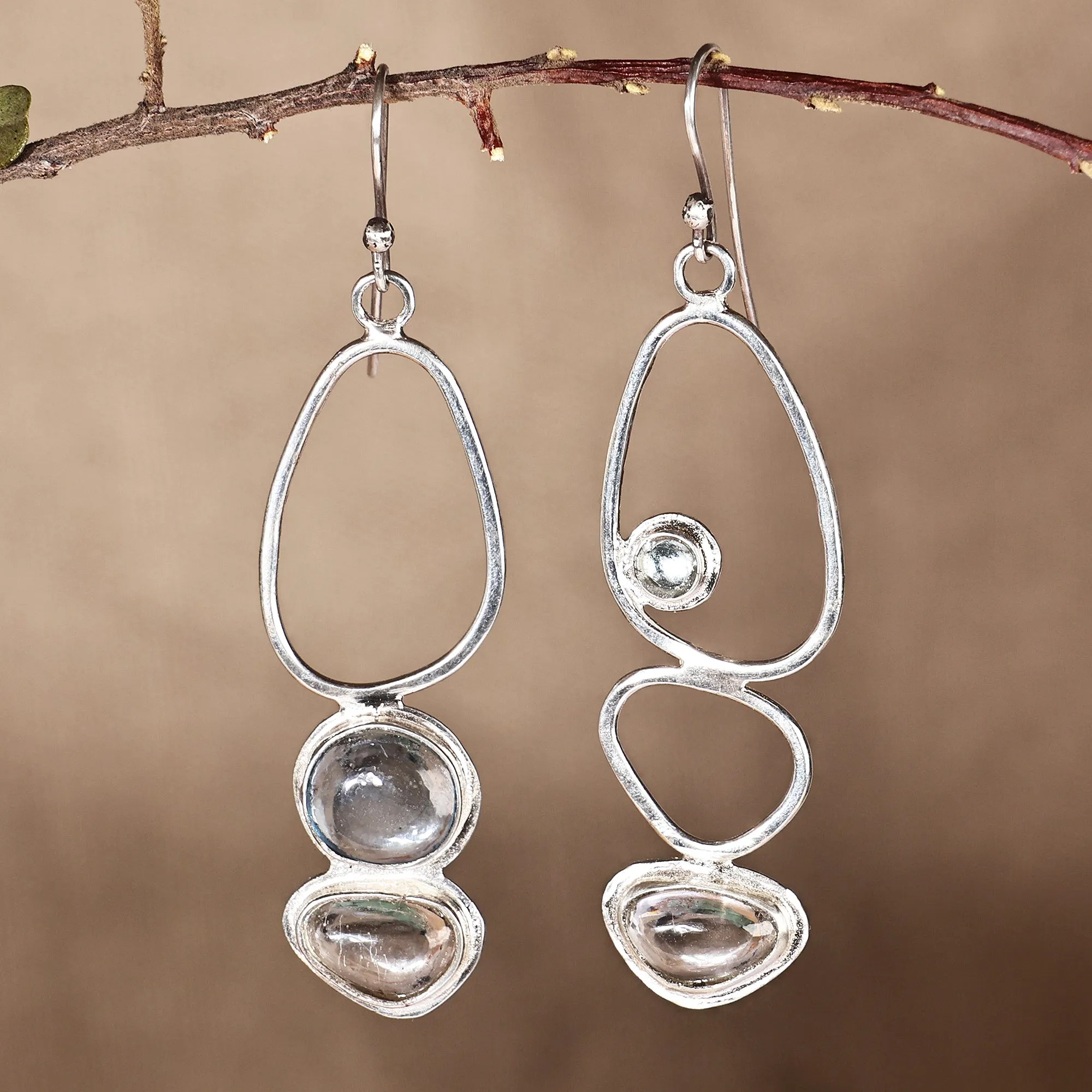 Silver Dangle Earrings with Synthetic Blue & Grey Sapphire - Abstract Duo | NOVICA