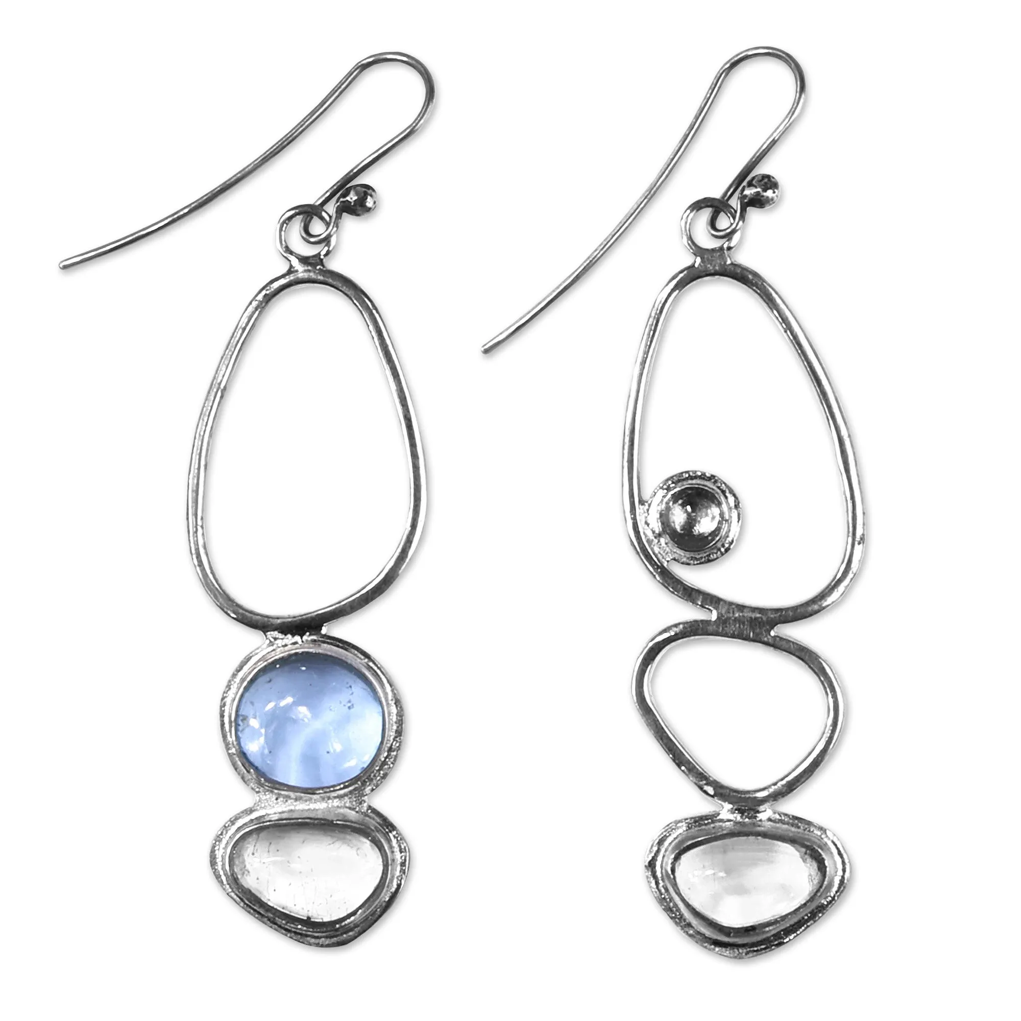 Silver Dangle Earrings with Synthetic Blue & Grey Sapphire - Abstract Duo | NOVICA