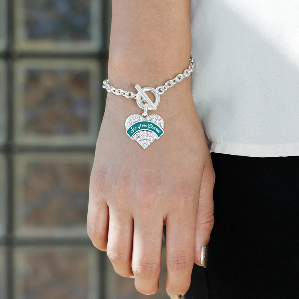 Silver Dark Teal Sis of Groom Pave Heart Charm Toggle Bracelet