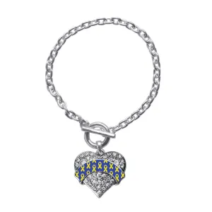 Silver Down Syndrome Awareness & Support Pave Heart Charm Toggle Bracelet