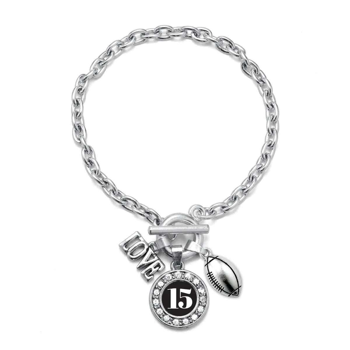Silver Football - Sports Number 15 Circle Charm Toggle Bracelet