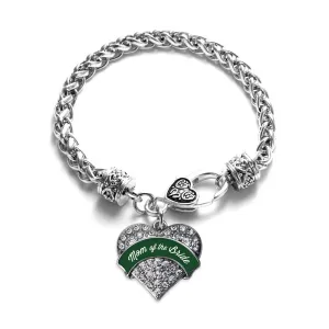 Silver Forest Green Mom of Bride Pave Heart Charm Braided Bracelet