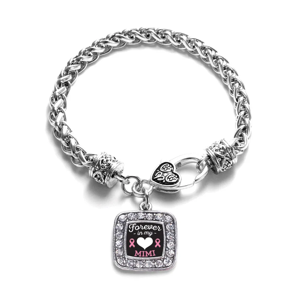 Silver Forever in my Heart Mimi Breast Cancer Support Square Charm Braided Bracelet