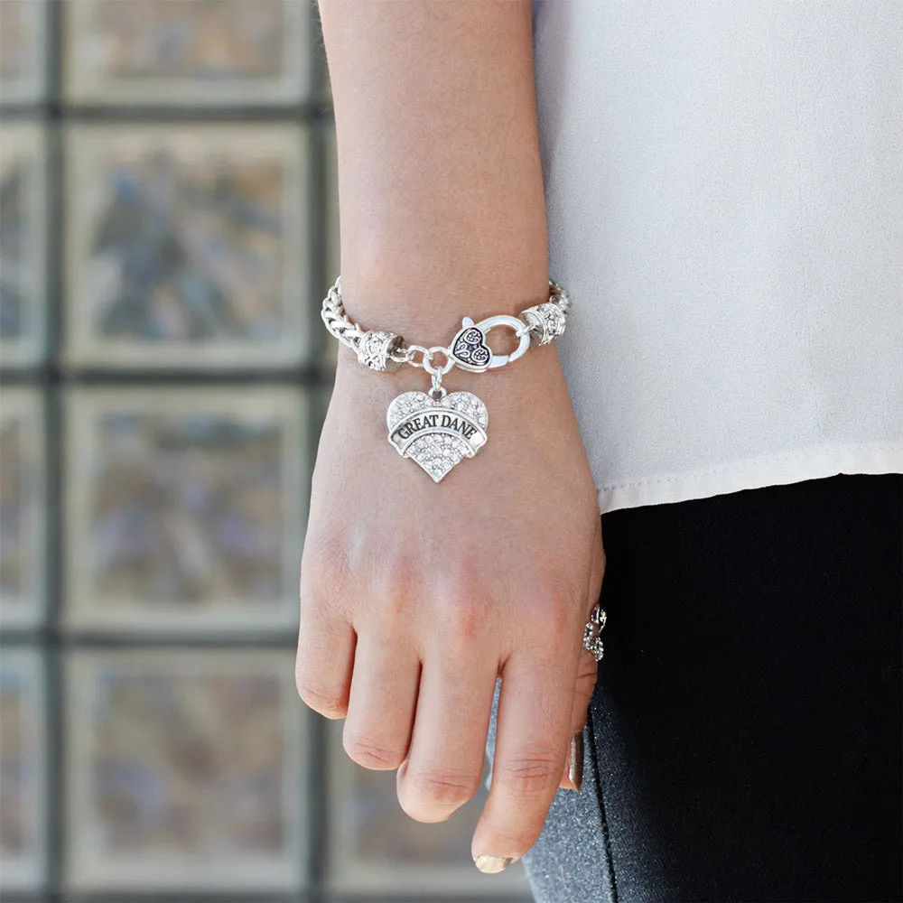 Silver Great Dane Pave Heart Charm Braided Bracelet