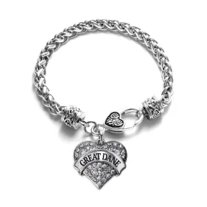 Silver Great Dane Pave Heart Charm Braided Bracelet