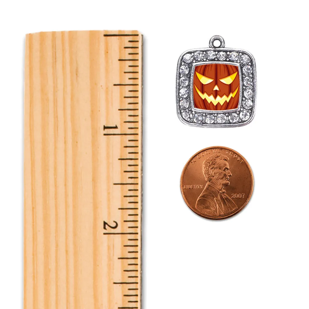 Silver Grinning Pumpkin Square Charm Braided Bracelet