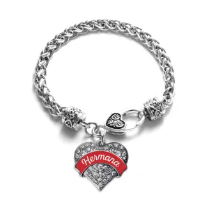 Silver Hermana - Red Pave Heart Charm Braided Bracelet
