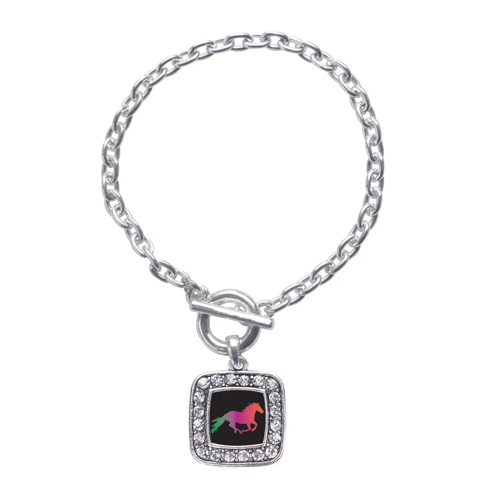 Silver Horse Lovers Square Charm Toggle Bracelet