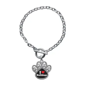 Silver I Love Bulldogs Pave Paw Charm Toggle Bracelet