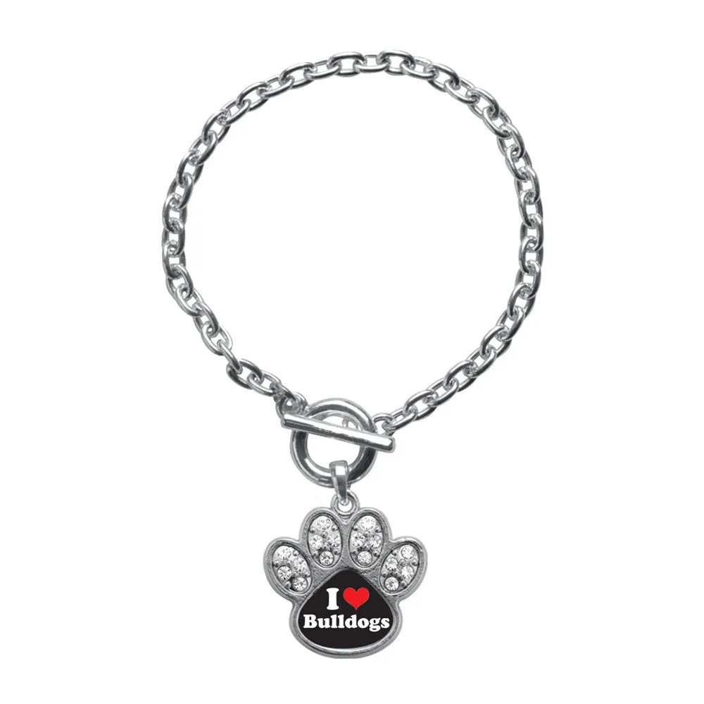 Silver I Love Bulldogs Pave Paw Charm Toggle Bracelet