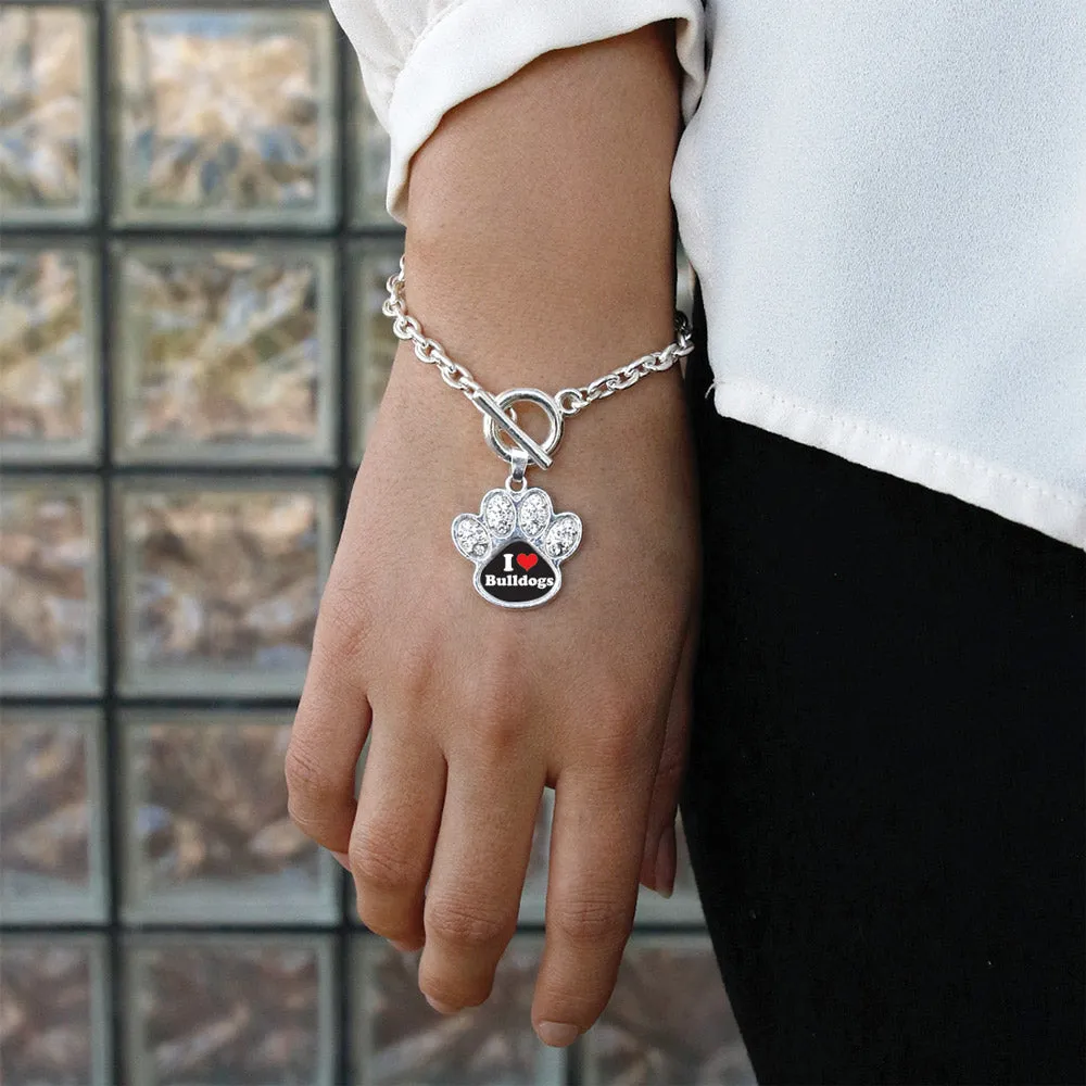 Silver I Love Bulldogs Pave Paw Charm Toggle Bracelet