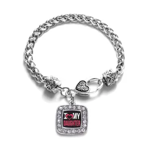 Silver I Love My Daughter Square Charm Braided Bracelet