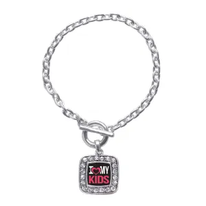 Silver I Love My Kids Square Charm Toggle Bracelet