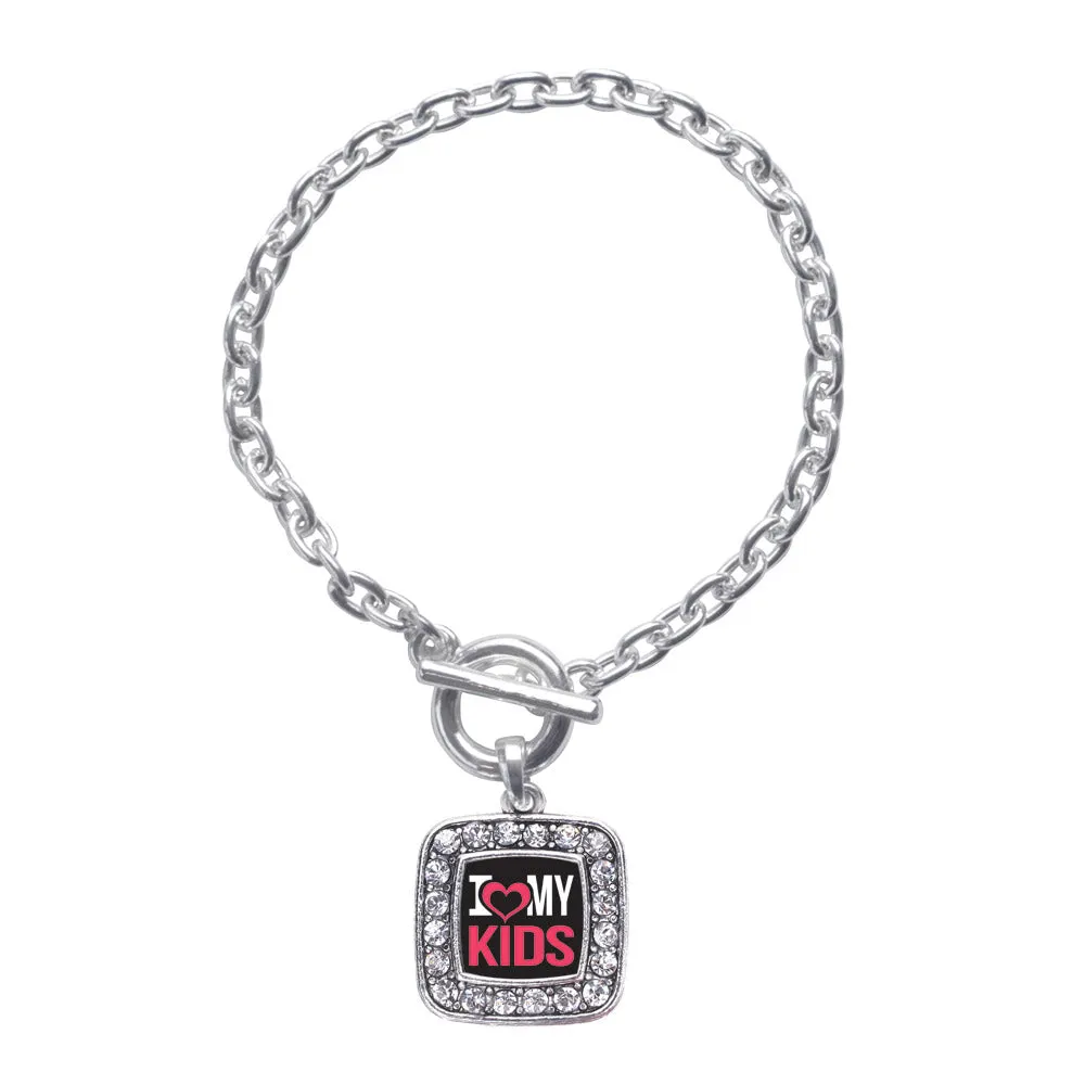 Silver I Love My Kids Square Charm Toggle Bracelet