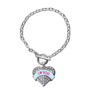Silver I Love You Teal Candy Pave Heart Charm Toggle Bracelet