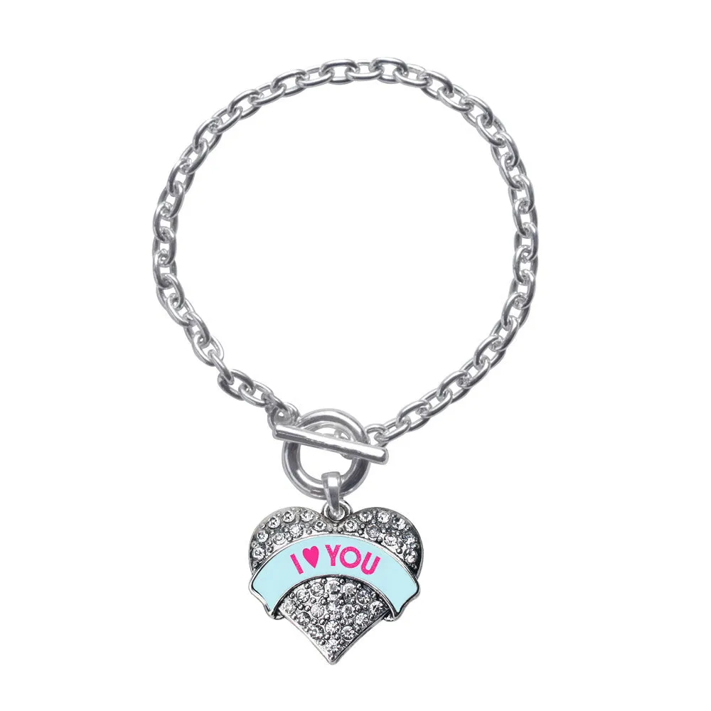 Silver I Love You Teal Candy Pave Heart Charm Toggle Bracelet