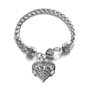 Silver Ice Skater Pave Heart Charm Braided Bracelet