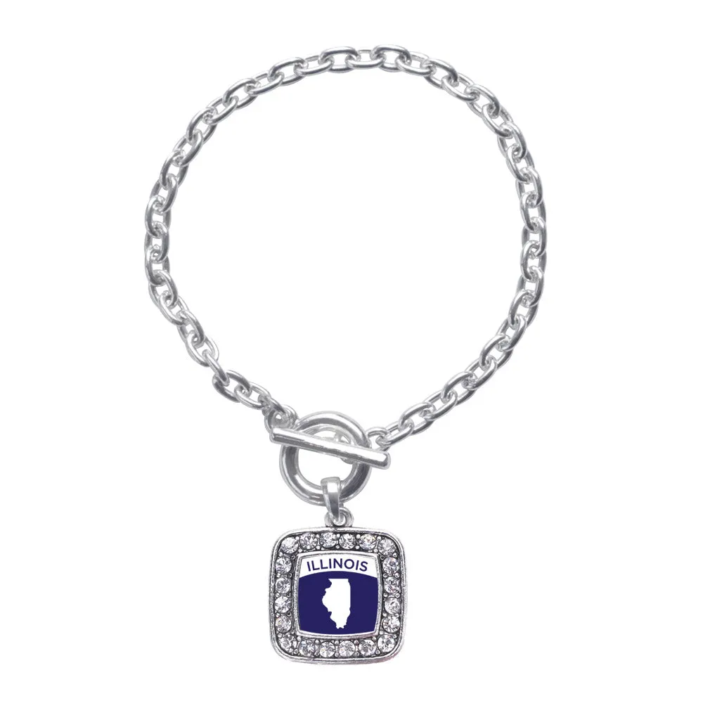 Silver Illinois Outline Square Charm Toggle Bracelet