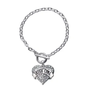 Silver Irish Girl Pave Heart Charm Toggle Bracelet