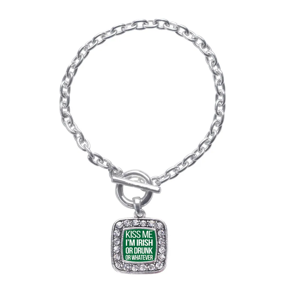 Silver Kiss Me I'm Drunk Square Charm Toggle Bracelet