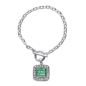 Silver Kiss Me I'm Drunk Square Charm Toggle Bracelet