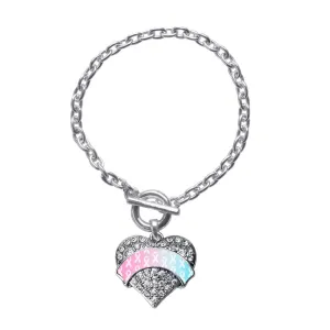 Silver Light Blue & Light Pink Ribbon Support Pave Heart Charm Toggle Bracelet