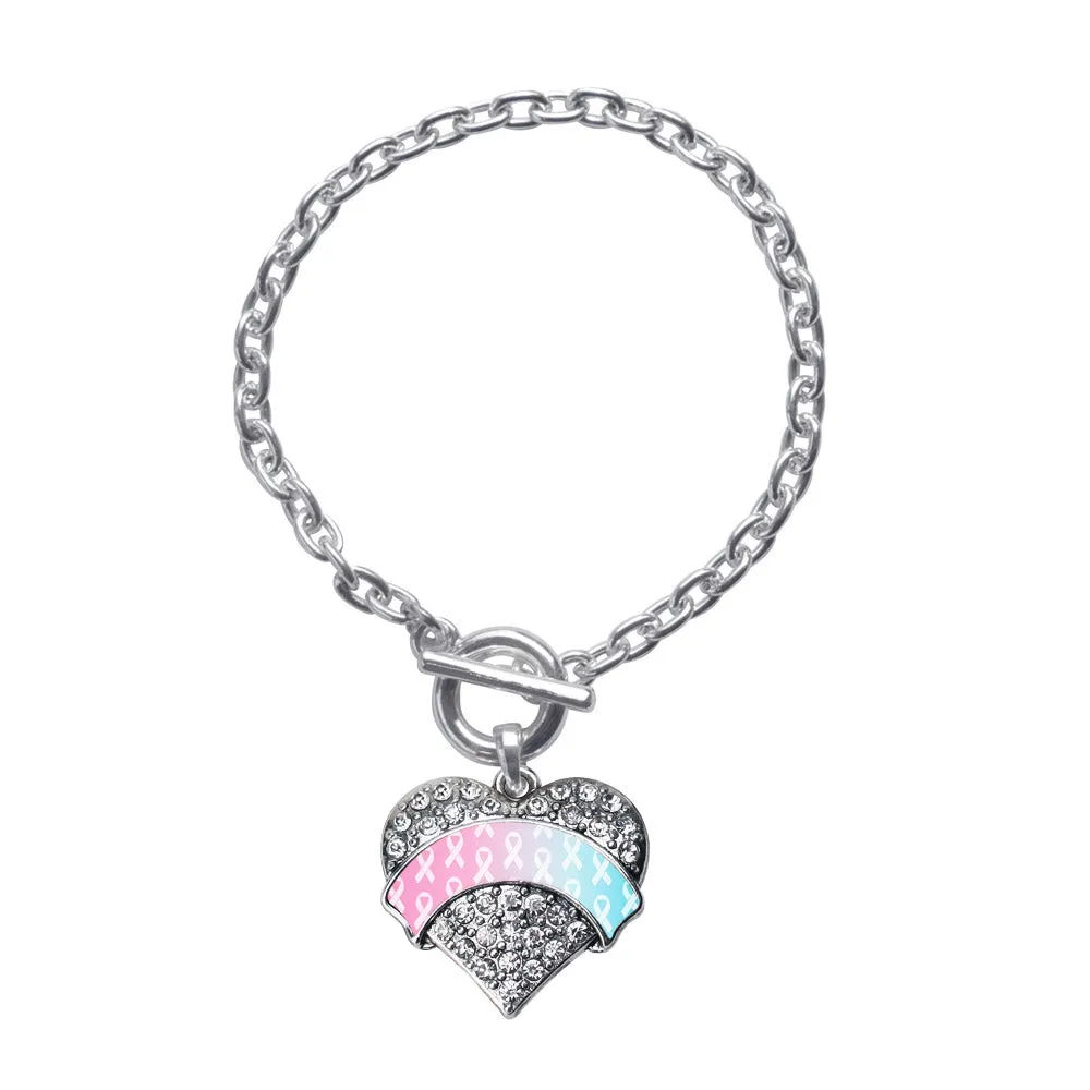 Silver Light Blue & Light Pink Ribbon Support Pave Heart Charm Toggle Bracelet