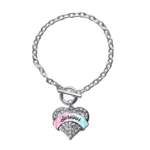 Silver Light Blue & Light Pink Ribbon Survivor Pave Heart Charm Toggle Bracelet