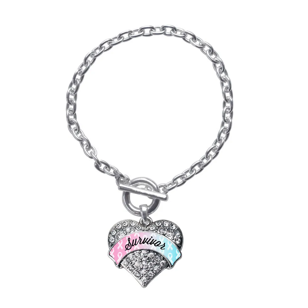 Silver Light Blue & Light Pink Ribbon Survivor Pave Heart Charm Toggle Bracelet