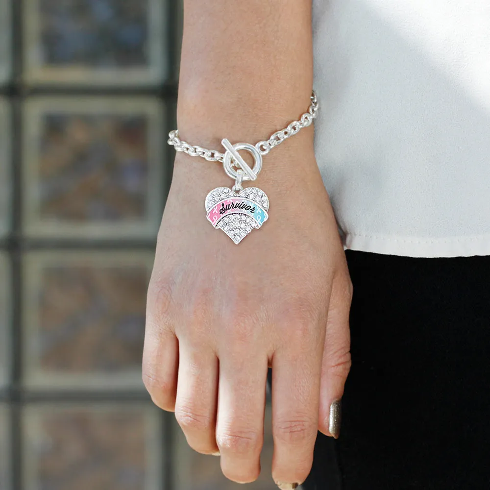 Silver Light Blue & Light Pink Ribbon Survivor Pave Heart Charm Toggle Bracelet
