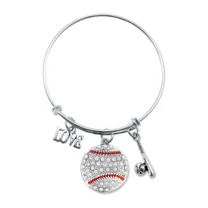 Silver Love Baseball Bat Charm Wire Bangle Bracelet