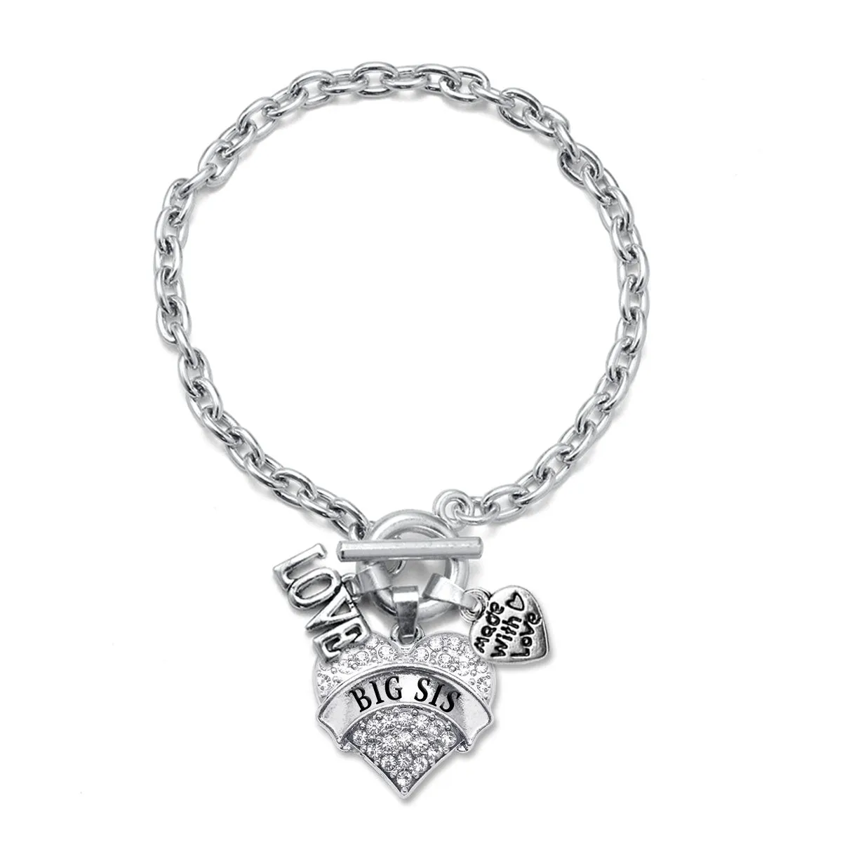 Silver Love Big Sis Pave Heart Charm Toggle Bracelet