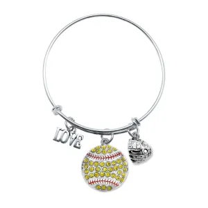 Silver Love Softball Glove Charm Wire Bangle Bracelet