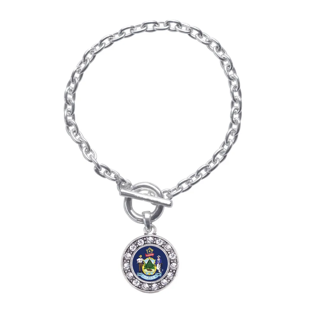 Silver Maine Flag Circle Charm Toggle Bracelet