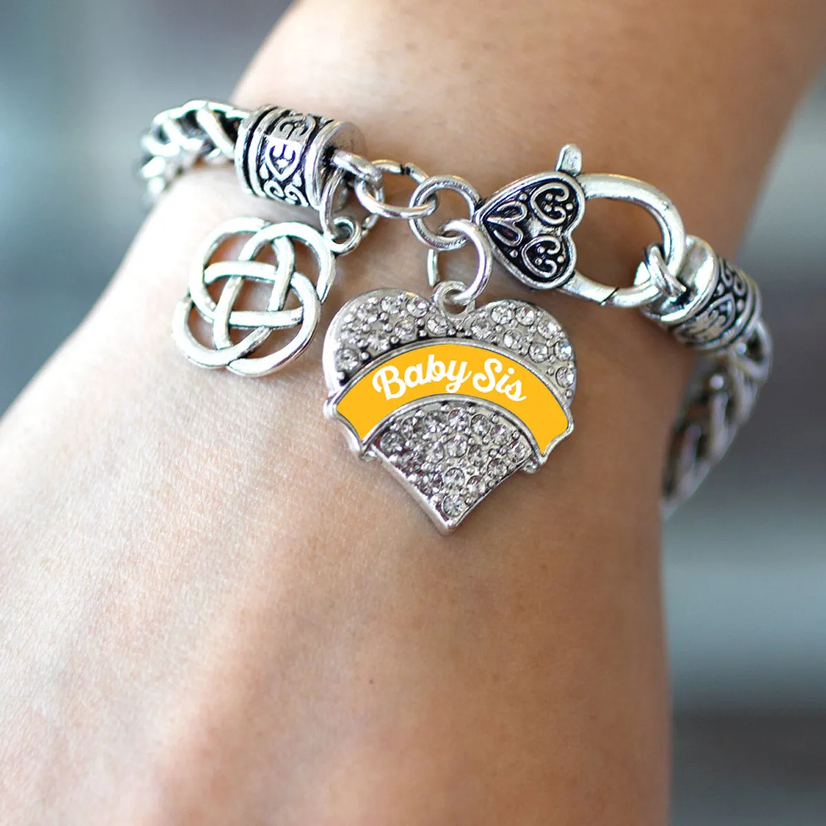 Silver Marigold Baby Sis Celtic Knot Pave Heart Charm Braided Bracelet