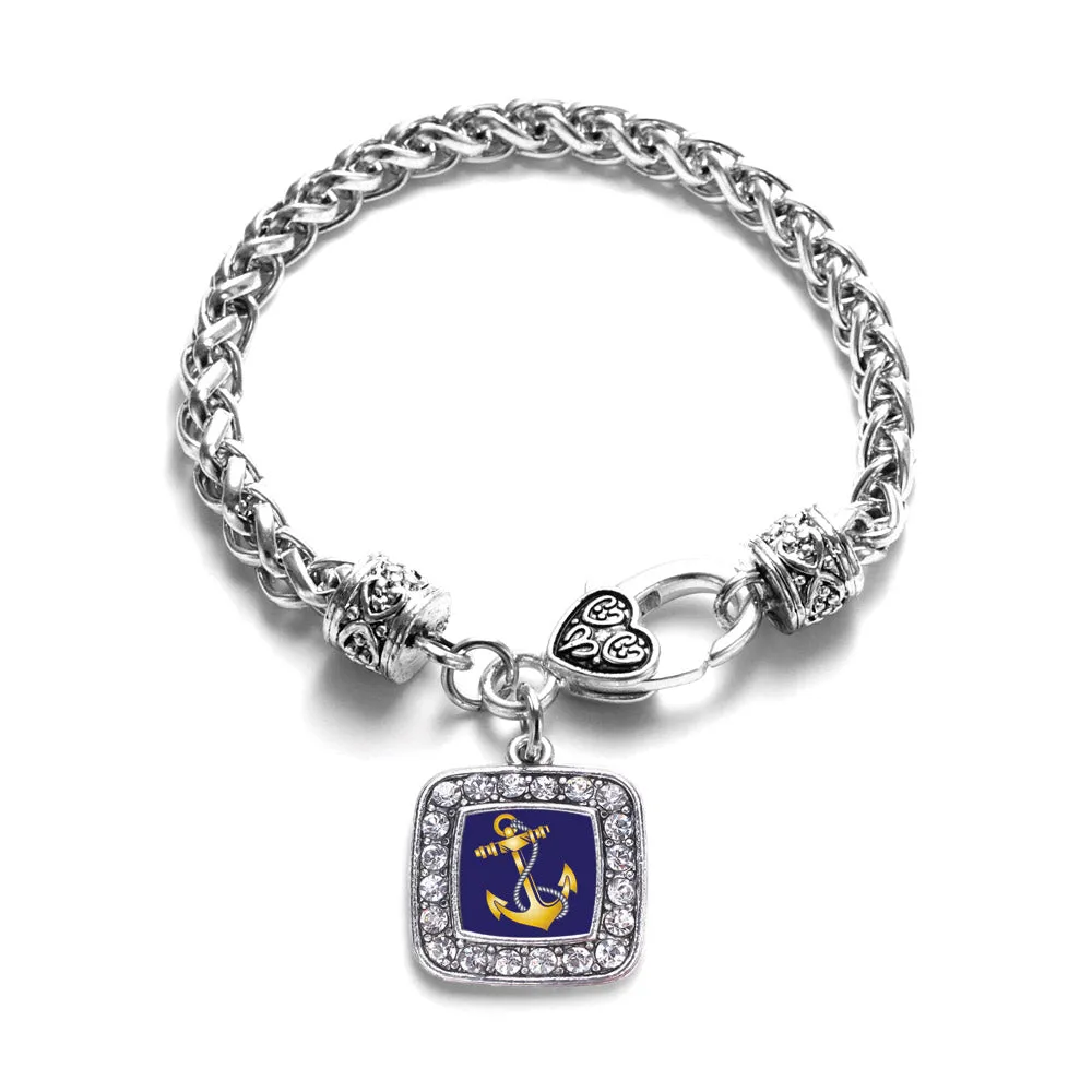 Silver Navy Anchor Square Charm Braided Bracelet