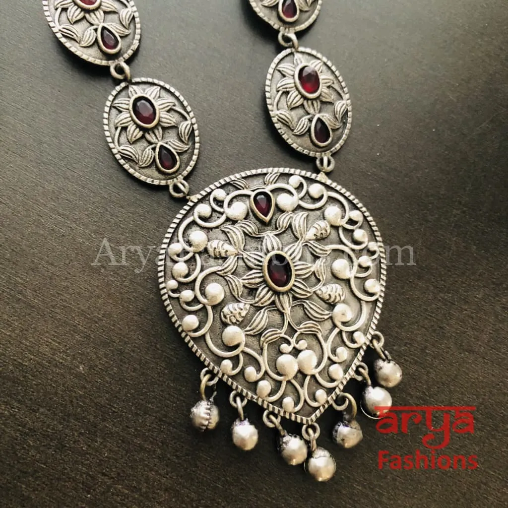 Silver Oxidized Long Tribal Necklace with Red Stones and Silver beads