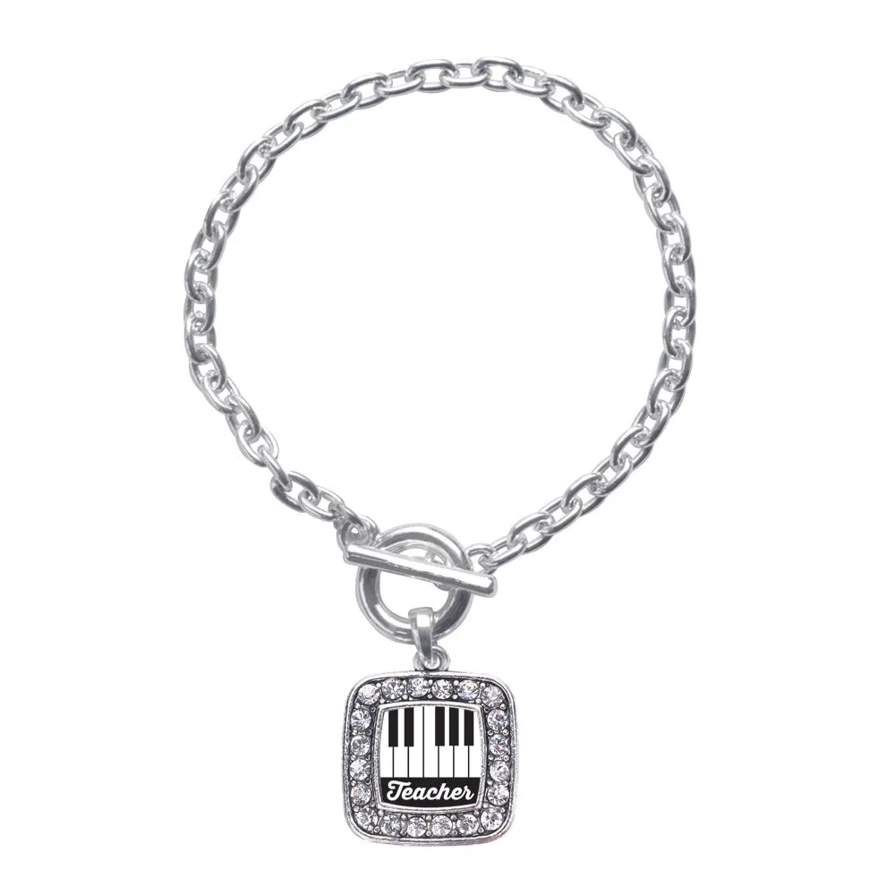 Silver Piano Teacher Square Charm Toggle Bracelet