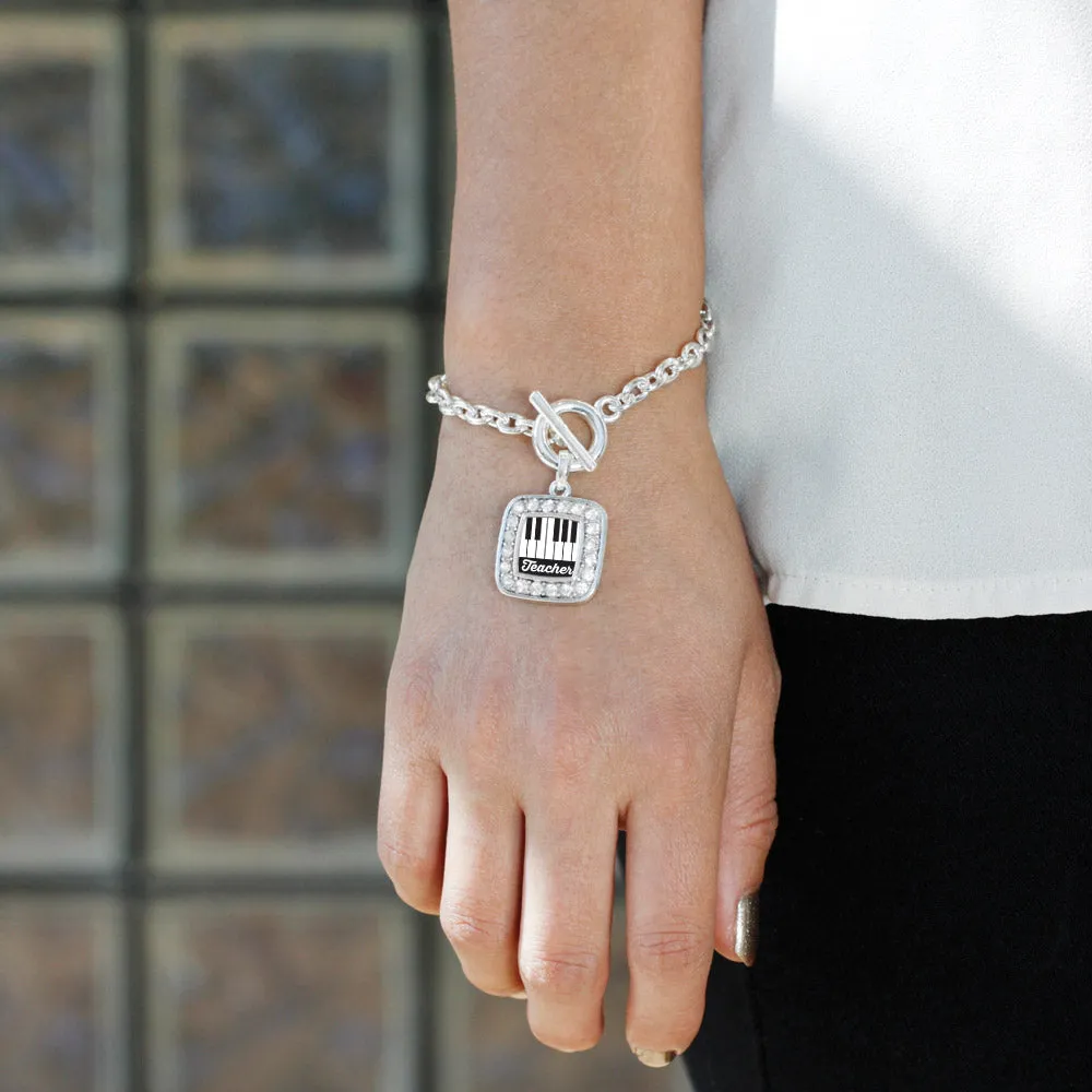 Silver Piano Teacher Square Charm Toggle Bracelet